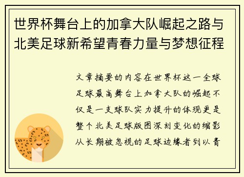 世界杯舞台上的加拿大队崛起之路与北美足球新希望青春力量与梦想征程